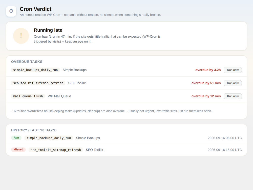 Cron Verdict Pro screen showing overdue tasks each attributed to a plugin, plus recent history