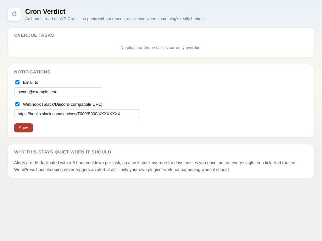 Cron Verdict Pro notifications panel with email and webhook alerts